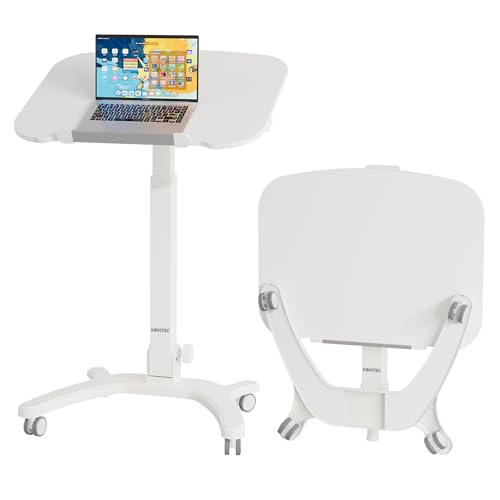 BONTEC Mobile Foldable Standing Desk, Portable Adjustable Height Desk with Gas Spring, Small Rolling Laptop Desk with Wheels for Home, Office, Bedroom, and Medical Use, 25.6" x 19.7" Desktop, White - color: White
