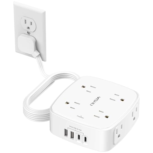 10 Ft Surge Protector Power Strip - YISHU 8 Widely Outlets with 4 USB Ports, 3 Side Outlet Extender with 10 Feet Flat Extension Cord, Ultra Flat Plug, Wall Mount, Desk USB Charging Station, ETL, White - color: White(Flat Cord), size: 10 Ft