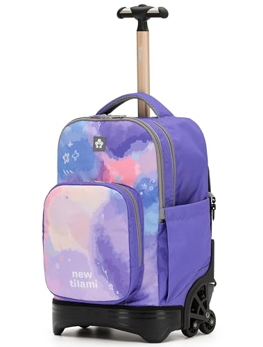 NEW TILAMI 18-Inch Rolling Backpack 6-Wheel for Kids School Travel | 6-Wheel Stair-Climbing Girls Boys Carry-on Suitcase Water-Resistant Adjustable Trolley Handle Wheels School Travel Camping - color: Purple Sky