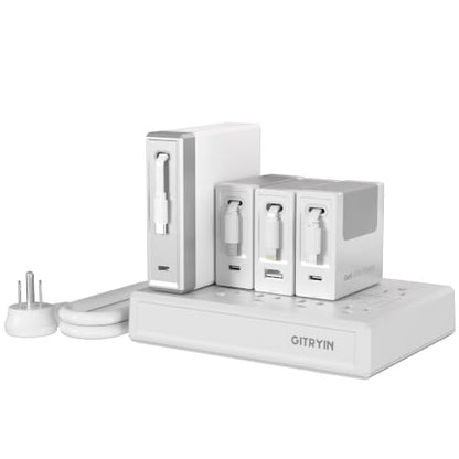 Gitryin Modular Laptop Charging Station, 140W, 3 * 40W Retractable Lightning, Micro USB, USB C Chargers, 1 Lightning, 1 Micro USB, 1 USB A, 5 USB C Ports with Cooling Power Strip, 260W Charging Hub