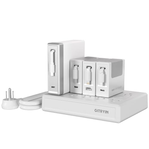 Gitryin Modular Laptop Charging Station, 140W, 3 * 40W Retractable Lightning, Micro USB, USB C Chargers, 1 Lightning, 1 Micro USB, 1 USB A, 5 USB C Ports with Cooling Power Strip, 260W Charging Hub