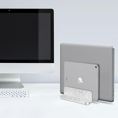Bling Vertical Laptop Stand, Double Desktop Stand Holder with Adjustable Dock (Up to 17.3 inch),Compatible with All MacBook/Surface/Samsung/HP/Dell/Chrome Book (Silver Glitter Rhinestones)