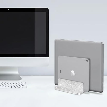 Bling Vertical Laptop Stand, Double Desktop Stand Holder with Adjustable Dock (Up to 17.3 inch),Compatible with All MacBook/Surface/Samsung/HP/Dell/Chrome Book (Silver Glitter Rhinestones)