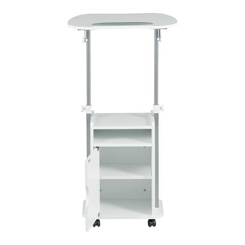 Techni Mobili Adjustable Laptop Cart w/Storage, Rolling Mobile Desk, White | Adjustable laptop cart with storage cabinet, shelf, locking wheels, sit‑stand height for home office, bedside, classroom - color: White