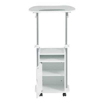 Techni Mobili Adjustable Laptop Cart w/Storage, Rolling Mobile Desk, White | Adjustable laptop cart with storage cabinet, shelf, locking wheels, sit‑stand height for home office, bedside, classroom - color: White