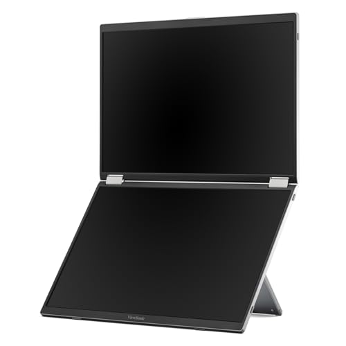 ViewSonic VG1457 Dual Screen 14 Inch 1200p Portable Monitor, Foldable IPS | Laptop Extender, USB C, 65W Power Delivery, G Sensor Rotation, Macs, PC, Anti Glare, Travel Work, 2W Speakers, AC Adapter Kit
