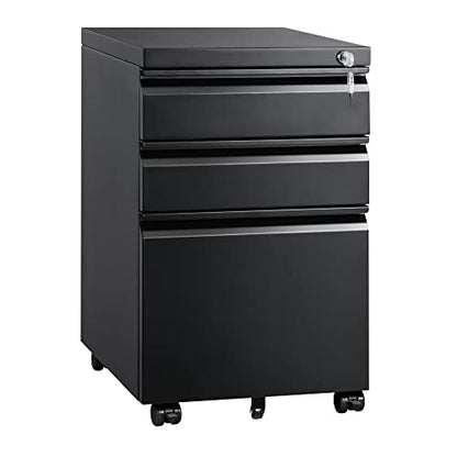 DEVAISE 3 Drawer Mobile File Cabinet with Lock, Under Desk Metal Filing Cabinet for Home Office/Legal/Letter/A4 File, Fully Assembled Except Wheels, Black - color: Black, size: 17"D x 15"W x 24"H