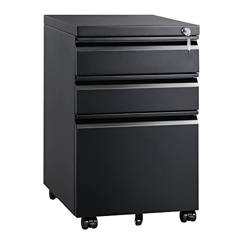 DEVAISE 3 Drawer Mobile File Cabinet with Lock, Under Desk Metal Filing Cabinet for Home Office/Legal/Letter/A4 File, Fully Assembled Except Wheels, Black - color: Black, size: 17"D x 15"W x 24"H