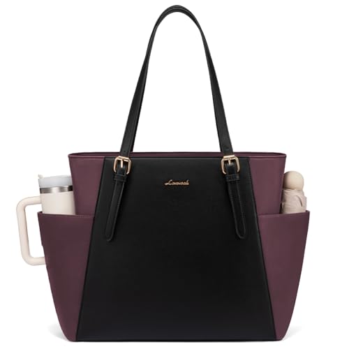 LOVEVOOK Laptop Tote Bag for Women,Leather Work Computer Briefcase Bag | Large Cup Holder,15.6 Inch Work Tote,Professional Briefcase,Teacher Commuter Shoulder Bag,Office,Travel,Gift - color: Purple-black, size: 15.6 Inch