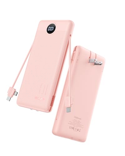 VRURC 22.5W Portable Charger 10000mAh Fast Charging with Built-in AC Plug | powe bank battery pack, travel essentials for women,USB C cable, Ultra Slim,pocket size Pink - color: Pink