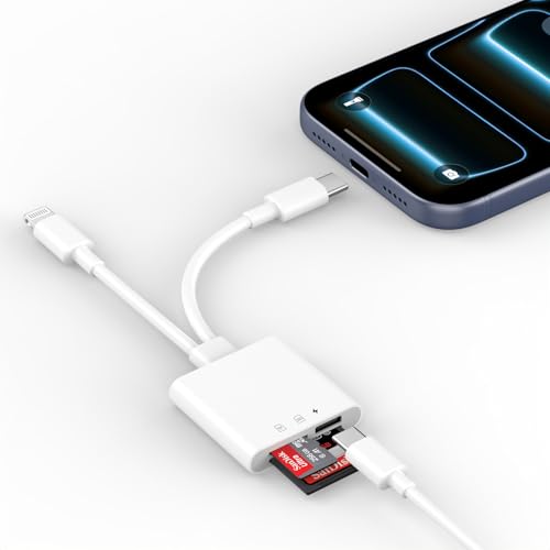 Apple MFi Certified SD Card Reader for iPhone 17 16 15 14 13 12 11 XS XR X | 2-IN-1 USB C & Lightning Dual Port SD and TF Card with Charging Port, Memory Card Reader for Camera Adapter, Plug and Play - color: CWhite