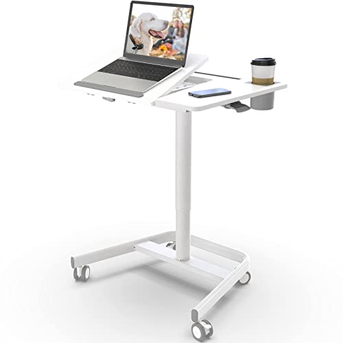 JOY worker Mobile Standing Desk, 60° Tiltable Rolling Laptop Desk, White | Pneumatic Height Adjustable Cart, Portable Sit Stand Desk with Wheels & Cup Holder for Office Home School, Holds Up to 22lbs - color: White