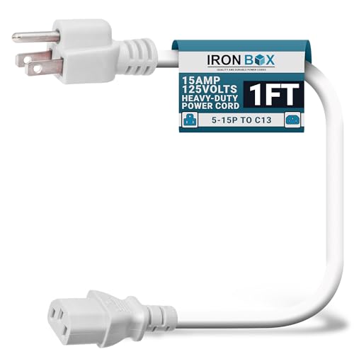 IronBox Electric - Heavy-Duty 5-15P to C13 Power Cord - 3 Prong 15A 125V 14/3 SJT PC Cable - Cord for Computer, Monitor, Subwoofer, Amplifier - Cable for Power Supply - (White 1 Foot) - color: White, size: 1 ft