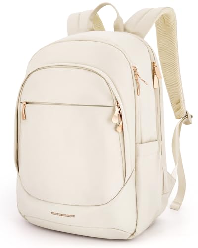 Travel Laptop Backpack Women, 17.3 Inch, Beige | Laptop Backpack, USB Charging Hole, Water Resistant, Large Capacity, College Bookbag - color: Beige, size: 17.3 Inch without Wheels