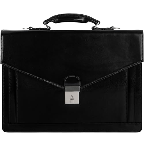 Time Resistance Leather Briefcase for Men - Business Laptop Bag - Italian Handmade Leather Bag - Attache - Gift Box Included - color: Black
