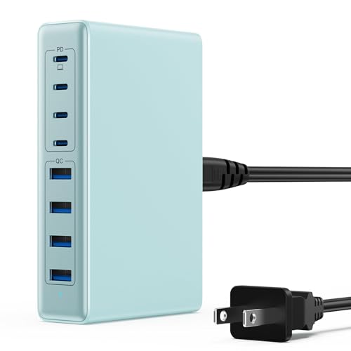 USB C Charger 200W USB C Charger Block,Upgraded GaN III 8-Port Fast Charging Station Hub,PD 65W Laptop Charging Adapter Compatible with MacBook Pro/Air,DELL,Steam Deck,iPhone 16/15/14,Galaxy S23/22 - color: Light Blue, size: 200W