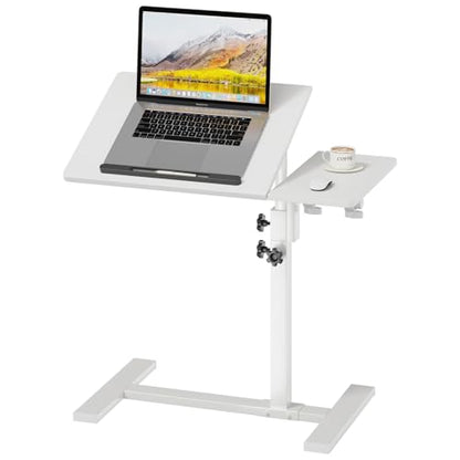 Height Adjustable C-Shaped Table with Removable Wheels, Mobile Sofa Snack Table with Tiltable Top, Adjustable Laptop Stand for Couch, Bedside Desk with Pen Slot, White