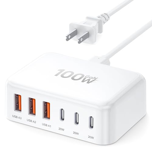 [2026 Updated] USB C Fast Charger, 100W GaN 6 Port Type C Charging Station Hub Block Cube, USB C Wall Charger Power Strip Adapter Plug for iPad iPhone 17 16 15 14 Pro Max Pixel Note Galaxy, 5ft Cord - color: A-White