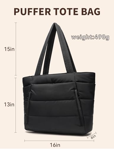 Puffer Tote Bag for Women, Nurse, Large Quilted Shoulder Bag with Cup Holder & Laptop Compartment for Work, Travel, Gym - color: Black