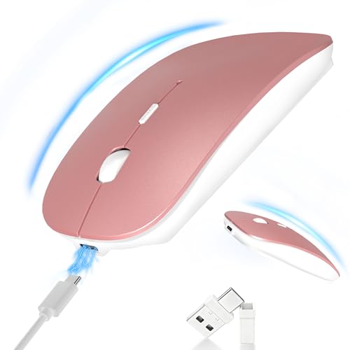 Silent Bluetooth Wireless Mouse with Jiggler, Rechargeable Portable Mouse for MacBook, iPad, Laptop & PC, Dual Mode BT5.2 and 2.4G, USB-C/USB-A Receiver, Adjustable DPI Compact Travel Mouse -Rose Gold - color: Rose Gold