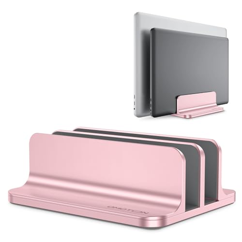 OMOTON Dual Vertical Desk Laptop Stand Holder, Fits MacBook Air, Rose Gold | Aluminum Laptop Storage Rack for Desk, Adjustable Dock for Up to 17.3 in. Gaming Laptop, Space-Saving Desk Organizer - color: RoseGold