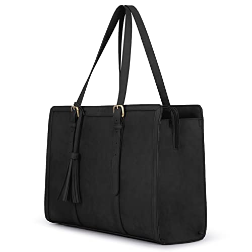 ECOSUSI Laptop Bag For Women 15.6 Inch Work Tote Bags PU Leather Computer Purse For Business Office With 3 Layer Compartments - color: Black