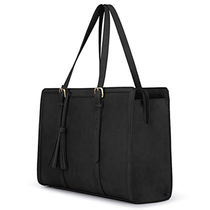 ECOSUSI Laptop Bag For Women 15.6 Inch Work Tote Bags PU Leather Computer Purse For Business Office With 3 Layer Compartments - color: Black