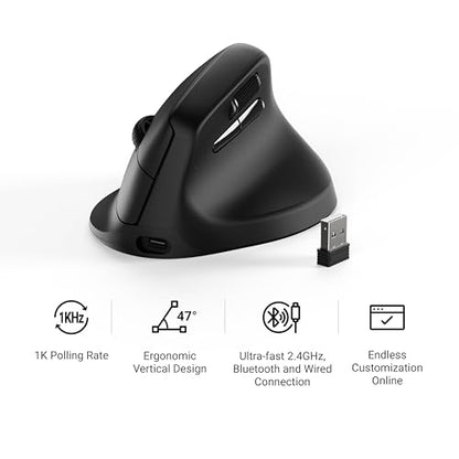 Keychron M5 Wireless Ergonomic Mouse, Compact Vertical Mice with Thumb Wheel, Silent Clicks, 2.4 GHz/Bluetooth/Wired Rechargeable, Customizable Buttons, for Laptop macOS/Windows - Black - size: PixArt 3311 (1K Polling Rate)