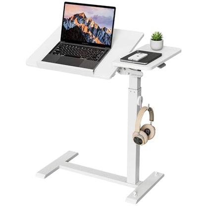 ETHU Foldable Overbed Table with Wheels, Rolling Laptop Standing Desk with Height Adjustable 26.77”-42.51” & Tilting Desktop, Mobile Work Desk for Bedside, Sofa and Home Office Use, White