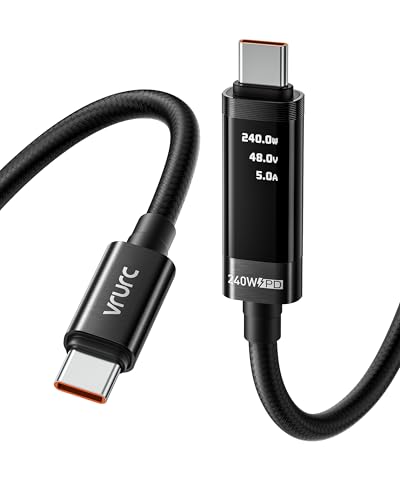 VRURC Ultra 240W Fast Charging USB C Cable with LED Digital Display, 3.3ft | Smart Display,Battery Protection,Nylon Braided,Compatible with MacBook,iPad Pro,Laptops,iPhone 17/16/15,Galaxy S25/S26,More - color: Black
