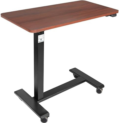 Vaunn Medical Electric Overbed Table Bedside Height Adjustable Table with Wheels (Electric-Powered, Hospital and Home Use) - Brown (Organic Modern)