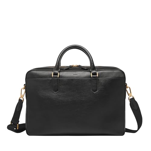 Fossil Men's Haskell or Asher Leather Messenger Briefcase Work Laptop Bag for Men - color: Asher Black Leather