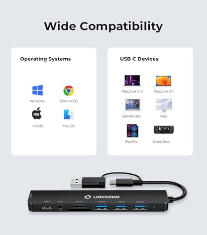 USB-C 7-in-1 Hub: 4 USB 3.0, USB-C, SD/TF, Audio, for MacBook, iPad, Dell, HP, Phones - color: Black