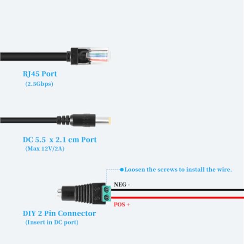 2.5G Ethernet PoE Splitter 12V/2A with DC Female Connector, DC 5.5 * 2.1mm Plug, 48V PoE to DC 12V/2A 24W Output, Compliant with IEEE 802.3af/at for DIY & Various Scenarios (PS5712TG-B) - style: (PS5712TG-B) 12V/2A with Female Connector
