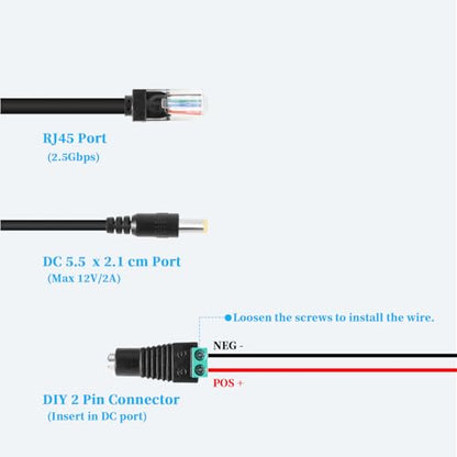 2.5G Ethernet PoE Splitter 12V/2A with DC Female Connector, DC 5.5 * 2.1mm Plug, 48V PoE to DC 12V/2A 24W Output, Compliant with IEEE 802.3af/at for DIY & Various Scenarios (PS5712TG-B) - style: (PS5712TG-B) 12V/2A with Female Connector