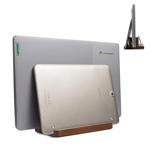 S&A WOODCRAFT 3 Slots Acacia Wood Vertical Laptop Stand, Adjustable Wooden Laptop Holder, Non-Slip Laptop Dock Compatible with Apple MacBook, Microsoft Surface, Gaming Laptops, IPad, Tablets - color: Brown Acacia, size: 3 Slots