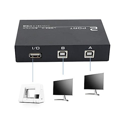 QIANRENON Printer Sharing Adapter, 2-Port USB 2.0 Switch for Sharing USB Devices Between 2 Computers, Includes 2 Pack USB 2.0 Male Cable
