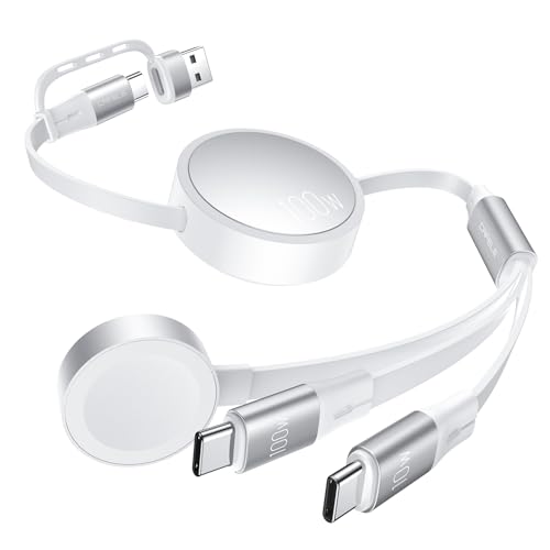 CAFELE 100W Retractable USB-C to USB-C 5A Fast Charging 3-in-1 Cable, Features Magnetic Charging and Overheating Protection, 4.5-Foot USB Type-C for Phone, Notebook, Pad, Watch（White） - color: White-3
