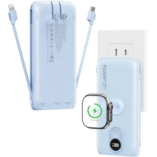 Portable Charger 10000mAh 20W, Wall Plug, 2 Cables, iWatch Charging | Digital Display, Compact Lightweight, USB C Fast Charge, USB-A 18W, Multi Protection, Travel Essential, for iPhone 17 16, Pad - color: Mist Blue