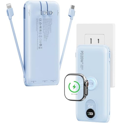 Portable Charger 10000mAh 20W, Wall Plug, 2 Cables, iWatch Charging | Digital Display, Compact Lightweight, USB C Fast Charge, USB-A 18W, Multi Protection, Travel Essential, for iPhone 17 16, Pad - color: Mist Blue