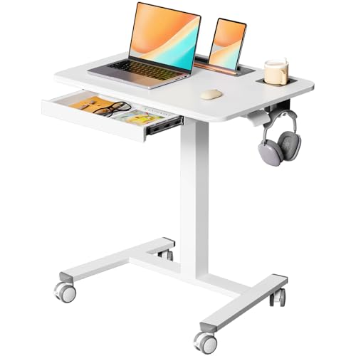 28" Mobile Standing Desk with Drawer, Portable Laptop Desk | Rolling Desk with Cup Holder & Hooks, Height Adjustable Computer Cart on Wheels for Classroom, Study Desk with Storage, White - color: White, size: 28"