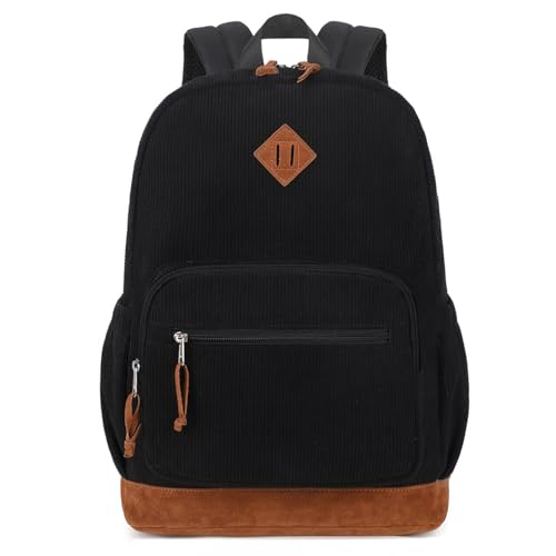 mygreen Back to School Teen Student Backpack Corduroy School Bag Black | 24L teen student back to school bag, fits 15.6in laptop; blank corduroy for DIY, lightweight padded supportive back - color: Black, Corduroy, 17.7 Inch Laptop