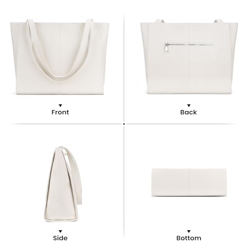befen Genuine Leather Tote Bag for Women Work Travel Leather Purse Handbags | Real Leather, Padded 14" Laptop Compartment, Multi-Pockets, Zipper, Tote Bag for Daily - color: Beige White