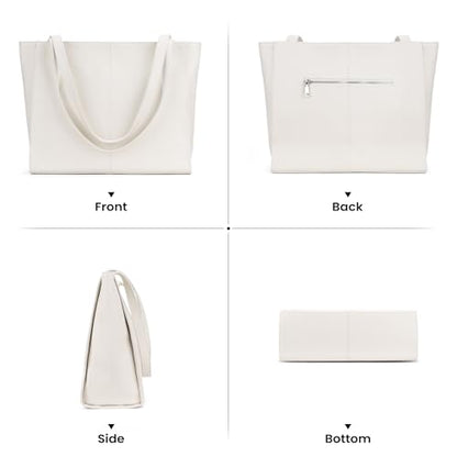 befen Genuine Leather Tote Bag for Women Work Travel Leather Purse Handbags | Real Leather, Padded 14" Laptop Compartment, Multi-Pockets, Zipper, Tote Bag for Daily - color: Beige White