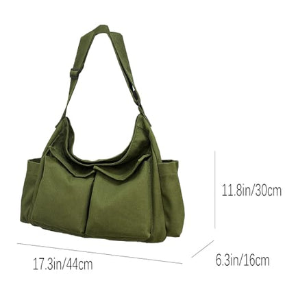 Canvas Messenger Bag Large Crossbody Bag with Multiple Pockets Canvas Shoulder Tote Bag for Women and Men - color: Army Green
