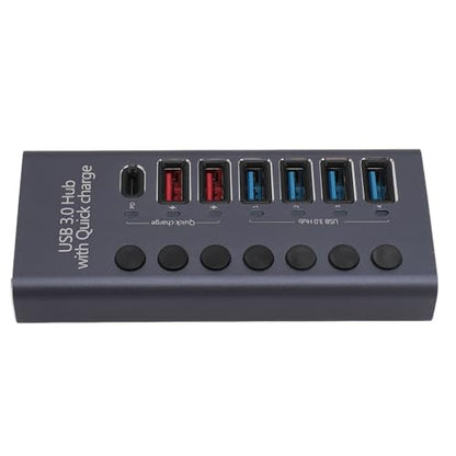 Powered USB 3.0 Hub, Plug and Play 100-240V Individual Switches 5Gbps 7 Ports USB Hub Protector for Laptop (US Plug 100‑240V)