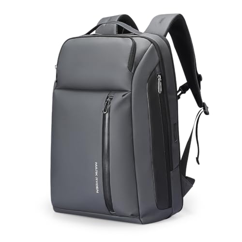 Muzee Business Backpack for Men, Travel Laptop Backpack Fits 15.6 Inch, Waterproof Expandable Bag 25L-35L, Grey Work Daypack with USB & USB-C Charging Ports, Anti-Theft Pocket, Luggage Strap