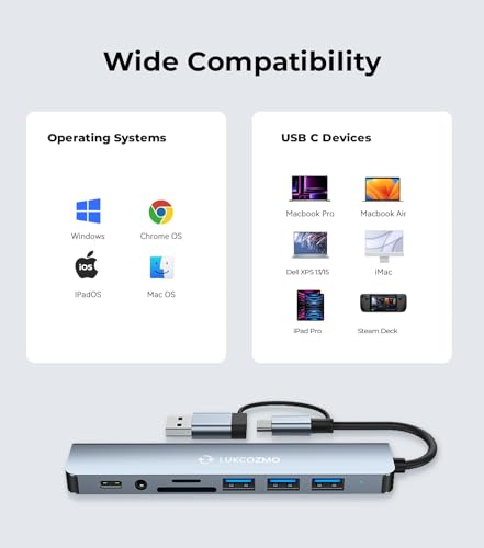 7-in-1 USB C Hub with 4 USB 3.0 Ports SD/TF Card Reader | Compatible with MacBook, iPad Pro, Dell, HP Laptops, Phones, Audio Output, Aluminum Shell, Plug and Play - color: Space gray