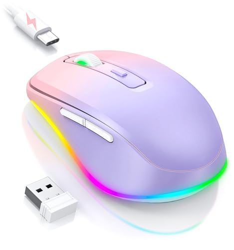 PEIOUS Wireless Mouse Jiggler - LED Wireless Mice with Build-in Mouse Mover, Rechargeable Moving Mouse for Laptop with Undetectable Random Movement Keeps Computers Awake - Purple to Pink - color: Purple to Pink