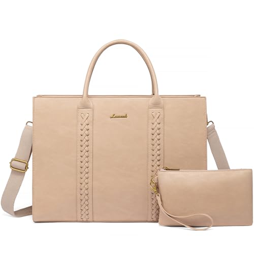 LOVEVOOK Laptop Tote Bag for Women, Vintage Leather Work Bags 15.6 inch Laptop Bag, Waterproof Computer Bag Business Office Briefcase, Beige - color: Beige, size: 15.6 Inch